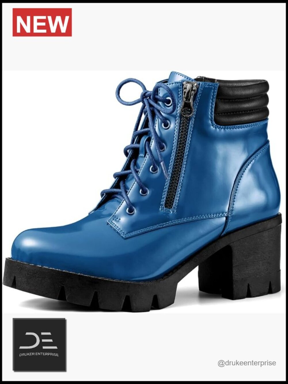 Round Toe Chunky Heel Lace Up Zipper Combat Boots